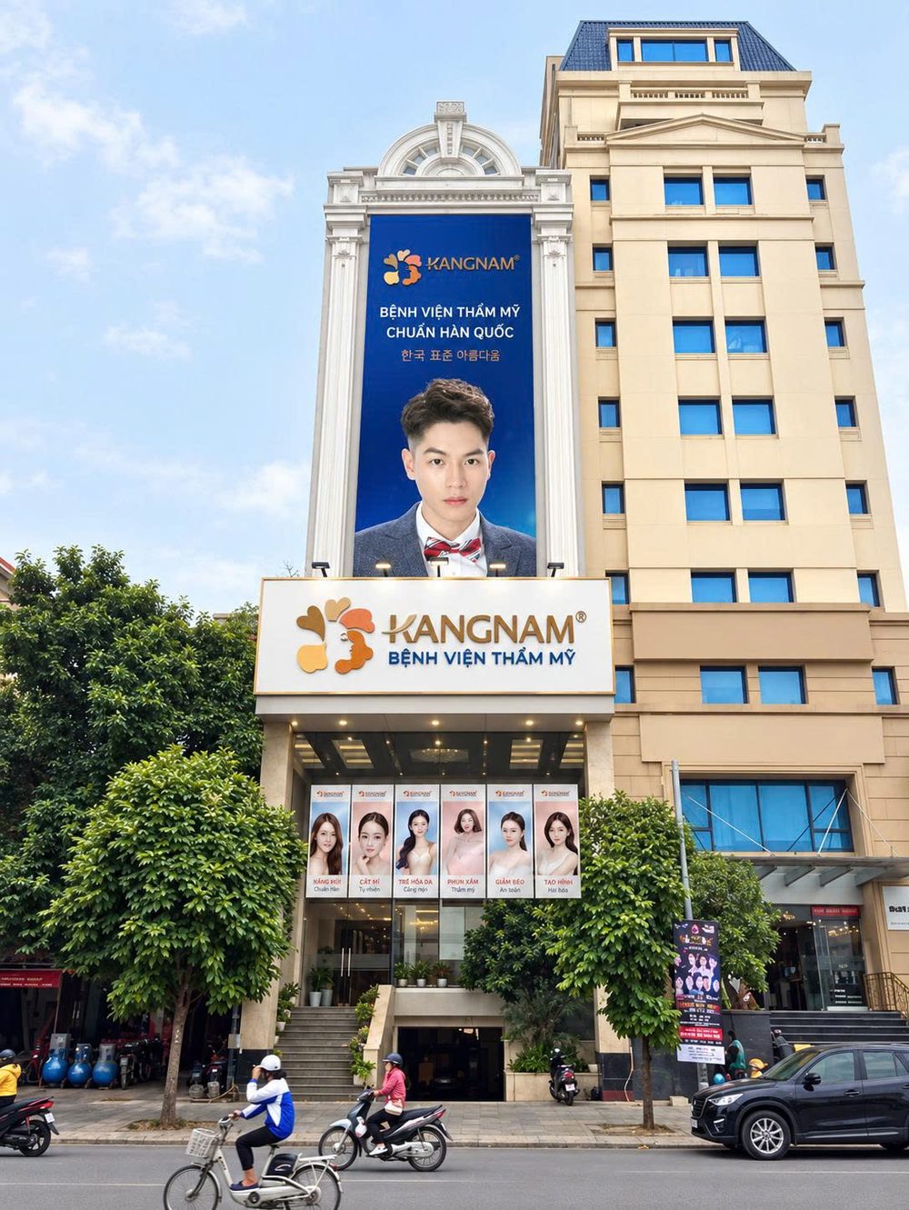 Bệnh viện Thẩm mỹ Kangnam Hà Nội — mặt tiền tòa nhà với biển hiệu Kangnam